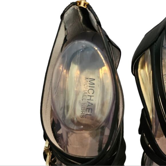 Michael Kors Black Leather Gold Buckle Ava Platform Strappy Heels Size‎ 9.5 - Picture 4 of 15